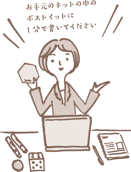 お手元のキットの中の ポストイットに 1分で書いてください